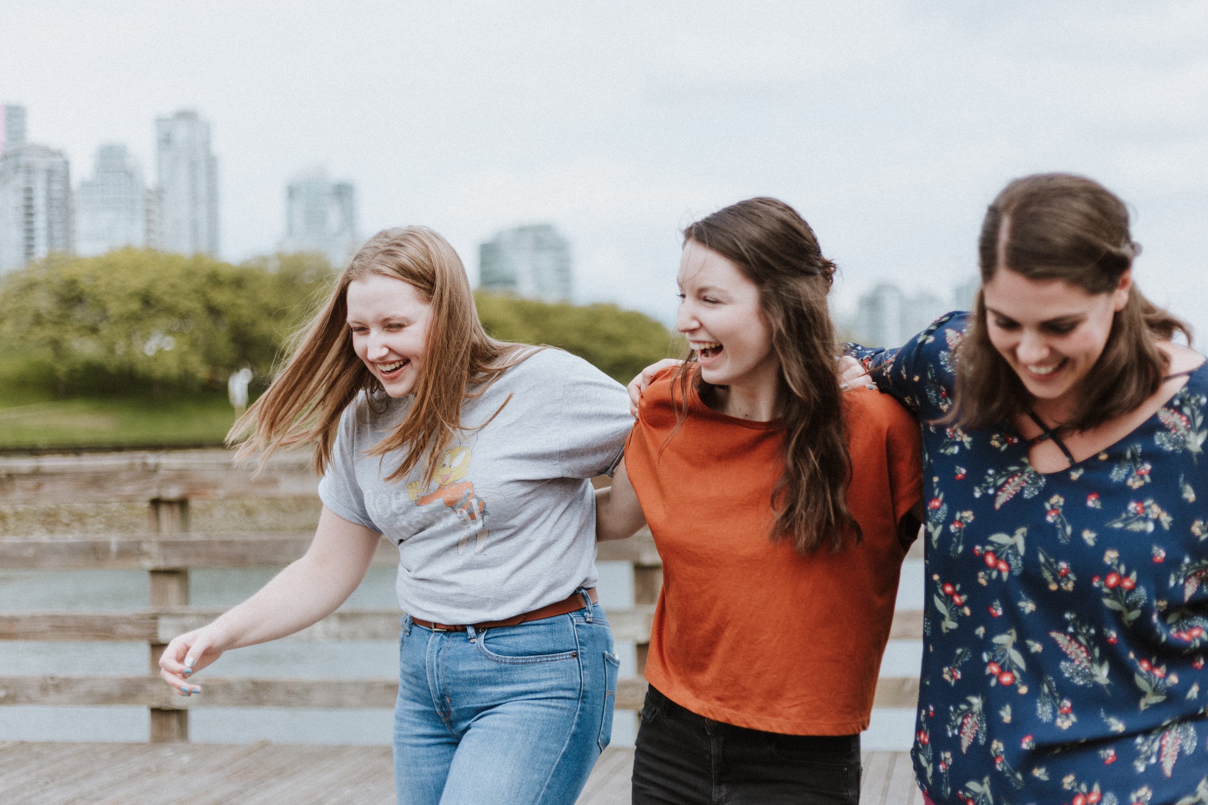 Three women walking outside